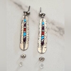 Navajo Turquoise Earrings Stone Inlay By FY FRANK YAZZIE Signed Sterling 925
